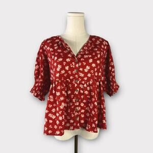 Madewell Puff-Sleeve Button-Front Top in Swiss Dot Happy Hibiscus